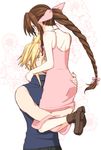  1boy 1girl aerith_gainsborough artist_request ass back blonde_hair blue_eyes blush braid brown_hair carrying cloud_strife final_fantasy final_fantasy_vii green_eyes hair_ribbon hamoni long_hair open_mouth ponytail ribbon you&#039;re_doing_it_wrong you're_doing_it_wrong 