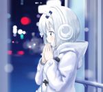  9so_(ponchon) bangs blue_eyes blunt_bangs blurry blurry_background check_character hairband hands_together headphones highres hood hood_down hooded_coat open_mouth outdoors release_the_spyce short_hair theresia_ray upper_body white_coat white_hair white_hairband 