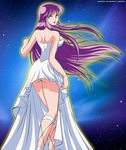  1girl absurdres ass athena breasts busty green_eyes high_res highres kido_saori legs long_hair long_image no_panties photoshop purple_hair saint_seiya smile solo thighs vector_trace 