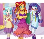  blue_eyes blush breasts clothed clothing coco_pommel_(eg) coco_pommel_(mlp) dress equestria_girls eyewear female friendship_is_magic glasses green_eyes group hair human humanized mammal mask my_little_pony purple_hair rarity_(eg) skirt sunset_shimmer_(eg) two_tone_hair uotapo 