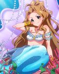  &gt;:) blush brown_hair coral green_eyes hand_on_head idolmaster idolmaster_million_live! jewelry long_hair looking_at_viewer mermaid_costume necklace nikaidou_chizuru official_art ponytail pose smile v-shaped_eyebrows 