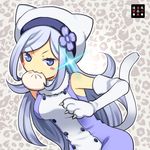 :3 aila_jyrkiainen animal_ears baozi bare_shoulders beret blue_eyes blush blush_stickers breasts cat_ears cat_tail elbow_gloves food gloves gundam gundam_build_fighters hat kurarin long_hair medium_breasts paw_gloves paws silver_hair solo tail 