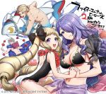  2boys 2girls :d ass bare_shoulders bikini black_bikini black_bow blonde_hair blush book bow breasts camilla_(fire_emblem_if) cape cleavage collarbone elise_(fire_emblem_if) fire_emblem fire_emblem_heroes fire_emblem_if flower frilled_swimsuit frills front-tie_bikini front-tie_top hair_bow hair_flower hair_ornament hair_over_one_eye hairband hibiscus inflatable_dolphin inflatable_toy interlocked_fingers large_breasts leon_(fire_emblem_if) lips long_hair looking_at_viewer marks_(fire_emblem_if) mikurou_(nayuta) multiple_boys multiple_girls nail_polish navel nintendo official_art one-piece_swimsuit open_mouth parted_lips purple_eyes purple_hair purple_nails red_eyes red_flower sarong siblings small_breasts smile swimsuit tomato twintails upper_teeth very_long_hair wavy_hair white_flower 