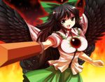  alphes_(style) arm_cannon black_eyes black_hair black_wings bow breasts hair_bow highres large_breasts large_wings long_hair mono_(moiky) open_mouth parody reiuji_utsuho skirt solo style_parody touhou weapon wings 