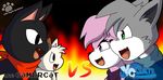  anthro cat coshi-dragonite crossover eye_contact feline female gamer_cat gamercat glitch_(character) green_eyes grey_hair group hair leo_(vg_cats) male mammal pink_eyes pink_hair smile vg_cats 