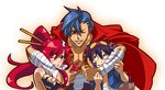  2boys bandages blue_hair boota cape fingerless_gloves gloves goggles goggles_on_head hair_ornament kamina kan long_hair multiple_boys one_eye_closed ponytail red_hair shirtless simon smile tengen_toppa_gurren_lagann thumbs_up yoko_littner 