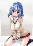  black_legwear blue_hair blush breasts cum cum_on_hair facial hayate_no_gotoku! holding holding_panties kisairo_kaede large_breasts looking_at_viewer no_shoes panties panties_removed plaid plaid_skirt red_eyes school_uniform short_hair skirt solo suirenji_ruka sweater underwear 