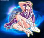  1girl absurdres ass athena breasts busty green_eyes high_res highres kido_saori legs long_hair long_image photoshop purple_hair saint_seiya smile solo thighs vector_trace 