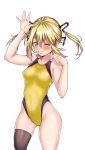  1girl absurdres aiuchi black_legwear blonde_hair blue_eyes character_request collarbone competition_swimsuit cowboy_shot girls_frontline highleg highleg_swimsuit highres long_hair looking_at_viewer one-piece_swimsuit parted_lips simple_background single_thighhigh solo swimsuit thighhighs twintails white_background yellow_swimsuit 