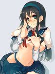  adjusting_eyewear aqua_hairband black_hair blue_eyes blush breasts glasses hairband hazuki_(nature.) hip_vent kantai_collection long_hair nipples ooyodo_(kantai_collection) puffy_sleeves school_uniform shirt_lift simple_background skirt small_breasts smile solo 