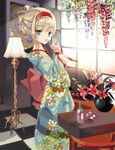  alice_margatroid alternate_costume bad_id bad_twitter_id blonde_hair bottle checkered checkered_floor cierra_(ra-bit) cup floral_print flower food green_eyes hairband japanese_clothes kimono lamp lolita_hairband long_sleeves looking_at_viewer ribbon sakazuki solo touhou wide_sleeves window 