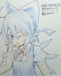  blue_eyes blue_hair blush bow cirno dress hair_bow poketto short_hair sketch solo tongue tongue_out touhou wings 