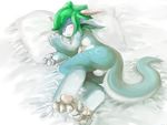  &#39770;&#31040;&#19975;&#29539;sing anthro balls bed blush claws cute dragon eyes_closed green_hair hair hindpaw lying male pawpads paws pillow plain_background sleeping solo toe_claws unknown_artist white_background young 