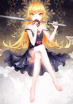  absurdres bad_id bad_pixiv_id barefoot blonde_hair blush crossed_legs doughnut dress eating food highres katana kokorowatari long_hair long_legs monogatari_(series) open_mouth oshino_shinobu sitting solo stari strap_slip sword weapon yellow_eyes 