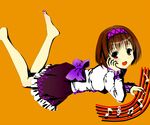  bad_id bad_pixiv_id barefoot beamed_eighth_notes blouse brown_hair cnm eighth_note full_body hairband head_rest legs_up long_sleeves looking_at_viewer lying musical_note on_stomach open_mouth orange_background orange_eyes purple_hairband quarter_note short_hair simple_background skirt solo staff_(music) the_pose toenail_polish toenails touhou treble_clef tsukumo_yatsuhashi 