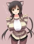  animal_ears black_hair blush breasts buttons casual cat_ears cat_tail cowboy_shot green_eyes huge_breasts hyuuga_takashi iwato_kasumi jacket long_hair long_sleeves looking_at_viewer pantyhose parted_lips saki sleeves_past_wrists smile solo standing sweater tail very_long_hair 