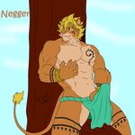  abs anthro biceps blonde_hair bracelet brown_fur bulge claws clothed clothing erection fangs feline franko fur grin hair horny hunterramirez jewelry lion loincloth male mammal muscles pecs penis pink_nose pose skimpy smile solo standing tan_fur tattoo teeth toned topless tree tribal 