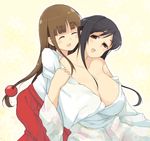  bad_id bad_pixiv_id black_hair breasts brown_eyes brown_hair hair_ornament hug hug_from_behind huge_breasts iwato_akise iwato_kasumi japanese_clothes kamaboko_(ossann0125) long_hair miko multiple_girls off_shoulder saki sitting smile yuri 