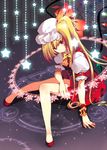  blonde_hair crystal flandre_scarlet hat hat_ribbon long_hair looking_at_viewer magic_circle mob_cap ponytail puffy_sleeves red_eyes red_skirt ribbon roh_nam_kyung shirt shoes short_sleeves side_ponytail sitting skirt smile solo star touhou white_shirt wings wrist_cuffs 