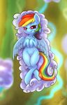  cloud cutie_mark equine female feral friendship_is_magic fshydale fur hair half-closed_eyes hi_res horse looking_at_viewer lying mammal multi-colored_hair my_little_pony navel on_back outside pegasus pony purple_eyes pussy rainbow_dash_(mlp) rainbow_hair river signature smirk solo wide_hips wings 
