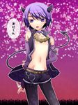  1boy absurdres belt blue_hair child demon_boy demon_tail elbow_gloves fingerless_gloves gloves highres horns jewelry looking_at_viewer male male_focus nana_(pixiv5062684) navel necklace necktie nipples open_mouth pantyhose pointy_ears purple_eyes purple_hair purplle_hair shorts solo standing star stars tail translation_request vest 