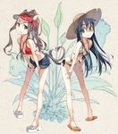  animal_ears bikini black_hair blue_eyes breasts brown_hair cat_ears cleavage commentary front-tie_top green_eyes hat heart_tail_duo kimura_(ykimu) long_hair long_legs medium_breasts multiple_girls navel original ponytail sandals shorts side-tie_bikini skinny slim_legs smile sun_hat swimsuit tail visor_cap 