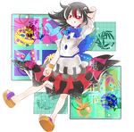  bell black_hair bow bug butterfly character_name dress fern flower hand_behind_head horns insect kenoka kijin_seija leaf mallet multicolored_hair negative red_eyes red_hair short_hair smile solo streaked_hair tongue tongue_out touhou white_hair 
