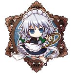  blue_eyes braid chibi full_body izayoi_sakuya looking_at_viewer maid maid_headdress short_hair silver_hair smile socha solo touhou transparent_background twin_braids watch 