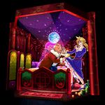  2boys bed blonde_hair blue_eyes cloud_strife crossdressing disco_ball don_corneo dress dress_lift earrings eyes_closed final_fantasy final_fantasy_vii guernica high_heels jewelry legs multiple_boys ring standing 