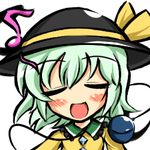  banned_artist blush closed_eyes facing_viewer green_eyes green_hair hat kisaragi_zwei komeiji_koishi lowres musical_note open_mouth short_hair simple_background smile solo touhou upper_body white_background 