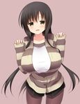 :d black_hair black_legwear blush breasts buttons casual collarbone cowboy_shot green_eyes huge_breasts hyuuga_takashi iwato_kasumi jacket long_hair long_sleeves open_mouth pantyhose parted_lips saki simple_background sleeves_past_wrists smile solo standing sweater 