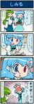  4koma :&lt; artist_self-insert blue_hair bowl breasts chopsticks closed_eyes comic commentary detached_sleeves frog_hair_ornament green_eyes hair_ornament heterochromia highres juliet_sleeves kochiya_sanae large_breasts long_sleeves mizuki_hitoshi multiple_girls open_mouth pain puffy_sleeves real_life_insert shirt skirt smile snake_hair_ornament spilling sweat tatara_kogasa tongue tongue_out touhou translated tray vest 