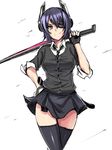  bad_id bad_pixiv_id cardigan checkered checkered_neckwear eyepatch fingerless_gloves gloves hand_on_hip headgear kantai_collection left-handed looking_at_viewer necktie purple_hair scabbard sheath short_hair sketch smile solo sword tenryuu_(kantai_collection) thighhighs ulrich_(tagaragakuin) weapon yellow_eyes 