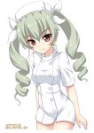  &gt;:) 1girl alternate_costume anchovy bangs blush breasts brown_eyes closed_mouth commentary_request dated dress eyebrows_visible_through_hair flipper girls_und_panzer green_hair hair_between_eyes hair_ribbon hat head_tilt leaning_forward looking_at_viewer nurse nurse_cap ribbon ringlets short_sleeves simple_background small_breasts smile solo twintails twitter_username v-shaped_eyebrows white_background white_dress white_hat white_ribbon 
