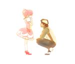  1girl bow brown_eyes brown_hair cabbie_hat crossover dress facial_hair gloves hair_ribbon hat jacket kaburagi_t_kotetsu kaname_madoka keiko_(schwarz6) kneehighs mahou_shoujo_madoka_magica mary_janes pink_hair puffy_sleeves ribbon shoes short_hair short_twintails squatting stubble tears tiger_&amp;_bunny twintails white_gloves white_legwear 