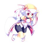  animal_ears bare_shoulders bike_shorts bow detached_sleeves fang hat hikanyan inubashiri_momiji long_sleeves open_mouth pink_eyes shirt silver_hair simple_background solo tail touhou white_legwear wide_sleeves wolf_ears wolf_tail 