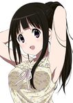  adjusting_hair armpits arms_up black_hair blush camisole chitanda_eru hyouka long_hair looking_at_viewer open_mouth purple_eyes ragho_no_erika revision simple_background smile solo white_background 
