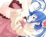  blue_eyes blue_hair bow choker dress flower furudo_erika hair_flower hair_ornament legs_up nemu_(nebusokugimi) pink_bow rose twintails umineko_no_naku_koro_ni 