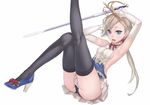  armpits arms_up black_legwear black_panties blonde_hair blue_eyes breasts detached_sleeves high_heels kneepits leg_up legs long_hair long_legs open_mouth original panties ray-akila simple_background skirt small_breasts solo sword thighhighs thighs underwear weapon white_background 