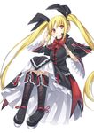  blazblue blonde_hair boots bow capelet dress full_body gothic_lolita gurasion_(gurasion) hair_ribbon lolita_fashion long_hair rachel_alucard red_bow red_eyes ribbon simple_background solo twintails very_long_hair white_background 
