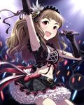 armpits artist_request belt black_gothic_dress_(idolmaster) brown_hair elbow_gloves eyebrows gloves idolmaster idolmaster_cinderella_girls jpeg_artifacts kamiya_nao long_hair microphone midriff navel official_art open_mouth red_eyes skirt solo star 