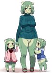  2girls :3 agemono animal_ears beauty_mark blush bottomless breasts child fur furry green_hair hair_over_one_eye hand_holding hips hood hoodie jacket large_breasts long_hair mole mother_and_daughter mother_and_son multiple_girls original red_eyes ribbed_sweater sandals short_hair smile sweater tail wanko_(agemono) wide_hips 