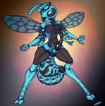  anatomically_correct antennae anthro anus arthropod black_penis compound_eyes digitigrade erection exoskeleton herm insect insectoid intersex mandibles masculine multi_limb multiple_arms multiple_limbs ovipositor penis plain_background pussy riocynn solo wasp wide_hips wings zevex 