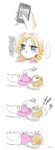  1girl alternate_costume arm_up blanket blonde_hair blue_eyes blush cellphone cellphone_dropped_on_face comic dropping futon hands_on_own_face highres kagamine_rin lying no_hairclip on_back pain phone pillow pink_shirt poaro reading shirt short_hair silent_comic sleeves_pushed_up smartphone solo translated trembling under_covers vocaloid 