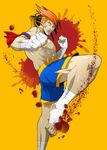  adon_(street_fighter) ankle_wrap armband bad_id bad_pixiv_id blood blood_splatter grin hand_wraps headband male_focus mongkhon muay_thai muscle orange_hair sasaki_(sid328) shirtless shorts smile solo standing standing_on_one_leg street_fighter 