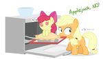  apple_bloom_(mlp) applejack_(mlp) baking baking_tray blonde_hair bowl cub dm29 english_text equine female feral freckles friendship_is_magic fur green_eyes hair horse mammal my_little_pony orange_fur oven pie pink_eyes pony red_hair sibling sisters text yellow_fur young 