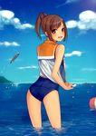  ass bad_id bad_pixiv_id bare_shoulders blush brown_eyes brown_hair from_behind i-401_(kantai_collection) kantai_collection looking_at_viewer looking_back machino_(nidavellir) one-piece_swimsuit open_mouth ponytail sailor_collar school_swimsuit school_uniform short_hair short_ponytail smile solo swimsuit swimsuit_under_clothes torpedo wading wringing_clothes 
