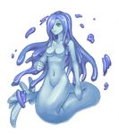  breasts goo_girl green_eyes hair_over_one_eye long_hair medium_breasts mon-musu_quest! monster_girl navel no_legs purutoppu_(toranohige) slime solo undine_(mon-musu_quest!) wet 