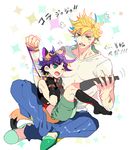  age_regression animal_ears asphyxiation bad_id bad_pixiv_id blonde_hair caesar_anthonio_zeppeli child dog_ears dog_tail fang green_eyes jojo_no_kimyou_na_bouken joseph_joestar_(young) kneehighs leash multiple_boys purple_hair sakaumi shorts slippers tail tears translated wince younger 