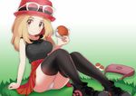  bare_shoulders black_legwear blonde_hair breasts brown_eyes large_breasts light_smile long_hair looking_at_viewer mocchi panties poke_ball poke_ball_(generic) pokemon pokemon_(game) pokemon_xy serena_(pokemon) skirt smile solo thighhighs underwear white_panties 